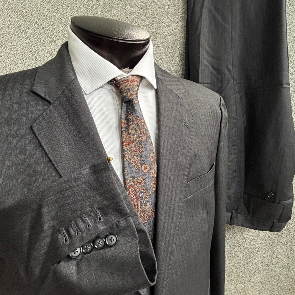 Balani Bespoke Suit 44R Gray Herringbone Paisley Surgeon White Collar Old Money